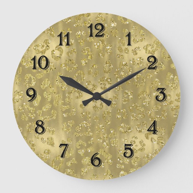 Gold Glittery Leopard Print Large Clock (Front)