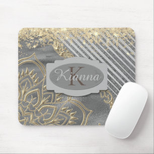 Gold Glittery Lotus Mandala Monogram Mouse Pad