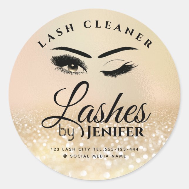 Gold glittery makeup lash extension lash cleaner c classic round sticker (Front)