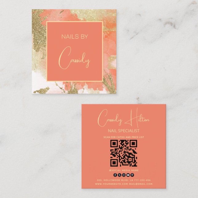 Gold glittery pastel watercolor wash QRcode Square Business Card (Front/Back)