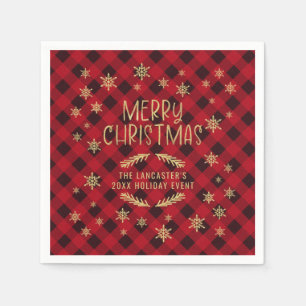 Gold Glittery Snowflake Red Plaid Merry Christmas Napkin
