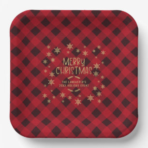 Gold Glittery Snowflake Red Plaid Merry Christmas Paper Plate