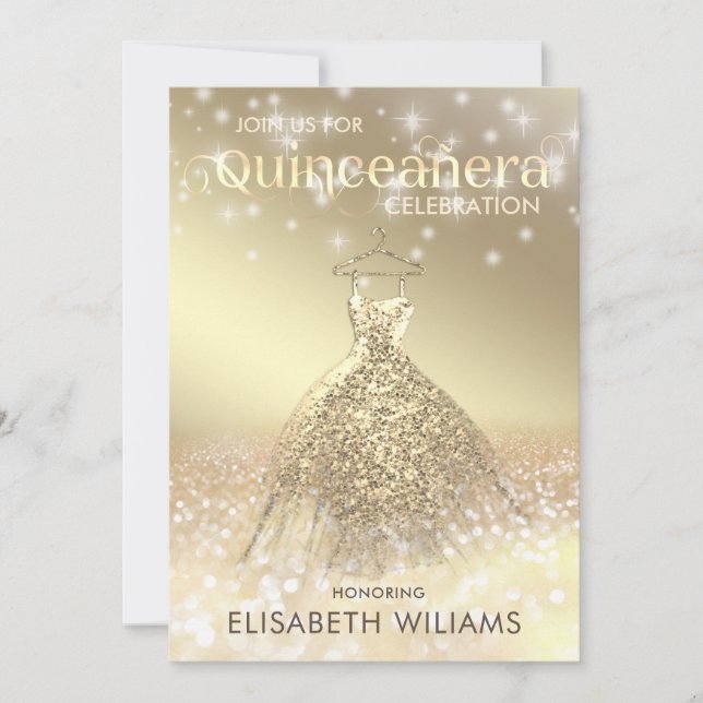 Gold glittery sparkle dress ombre Quinceañera Invitation (Front)