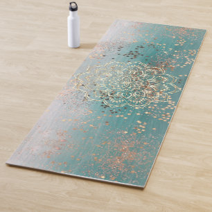 Gold Glittery Stars with Mandala on Teal Yoga Mat