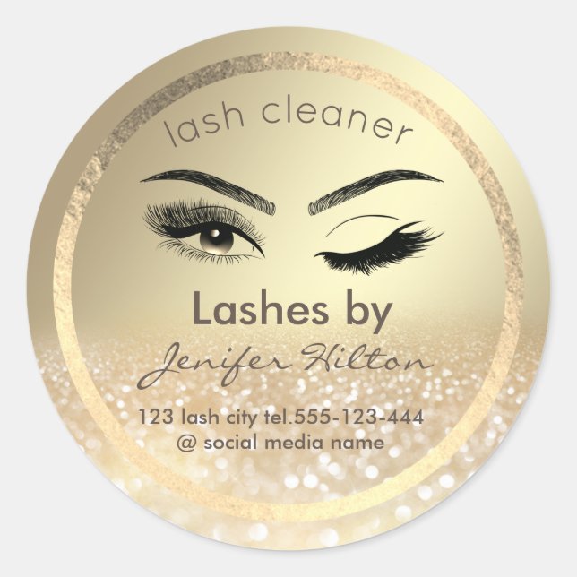 Gold glittery wink lash extension lash cleaner cla classic round sticker (Front)
