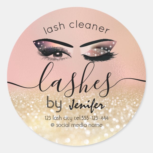 Gold glittery wink lash extension lash cleaner classic round sticker (Front)