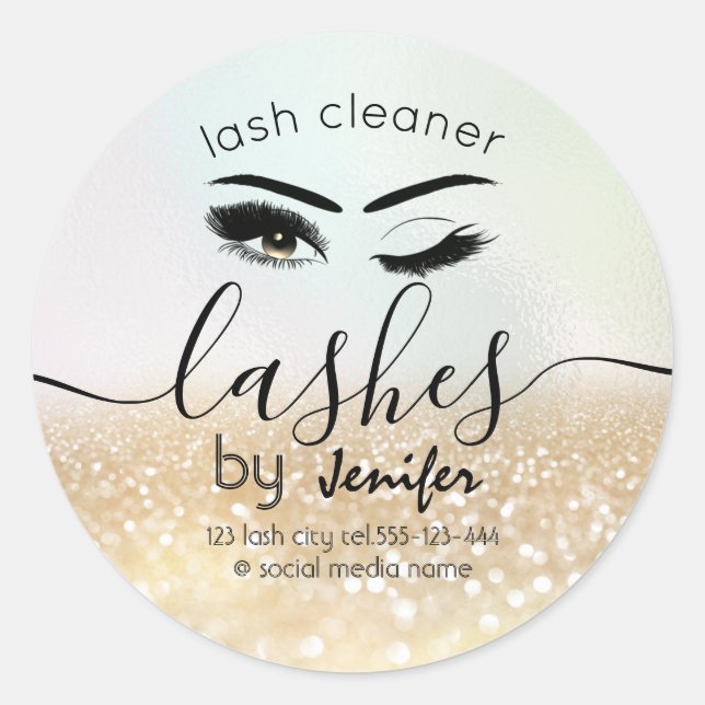 Gold glittery wink lash extension lash cleaner classic round sticker (Front)