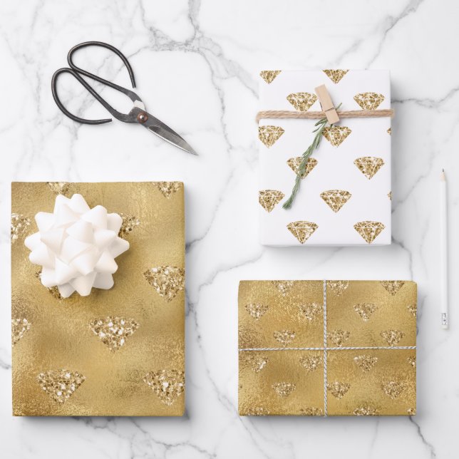Gold glitz sparkle glitter diamonds wrapping paper sheet (Front)