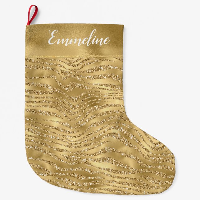 Gold Glitzy Glam Glitter Zebra Print      Large Christmas Stocking (Front)