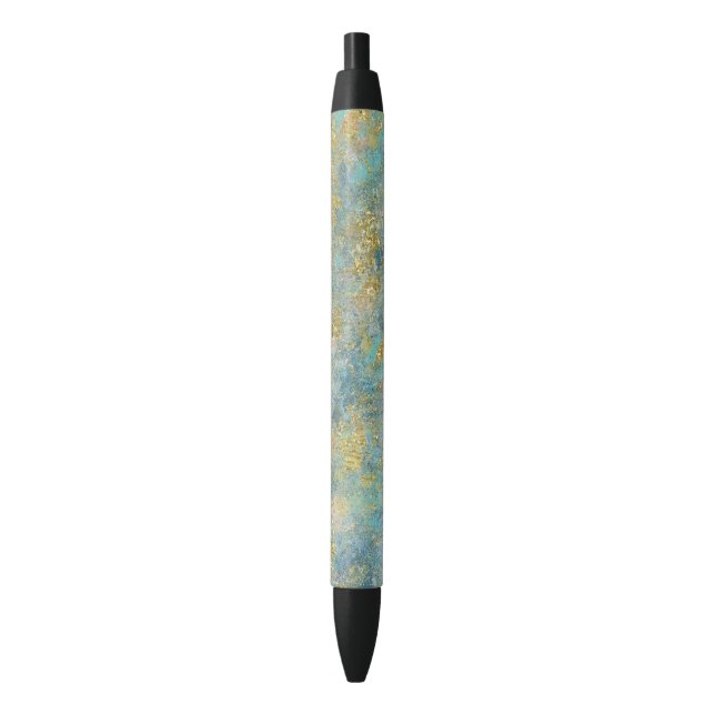 Gold Glitzy Glitter Blue Abstract Black Ink Pen (Front Vertical)