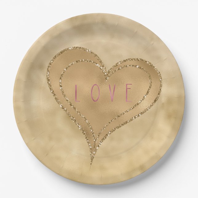 Gold Glitzy Glitter Love Heart Paper Plate (Front)