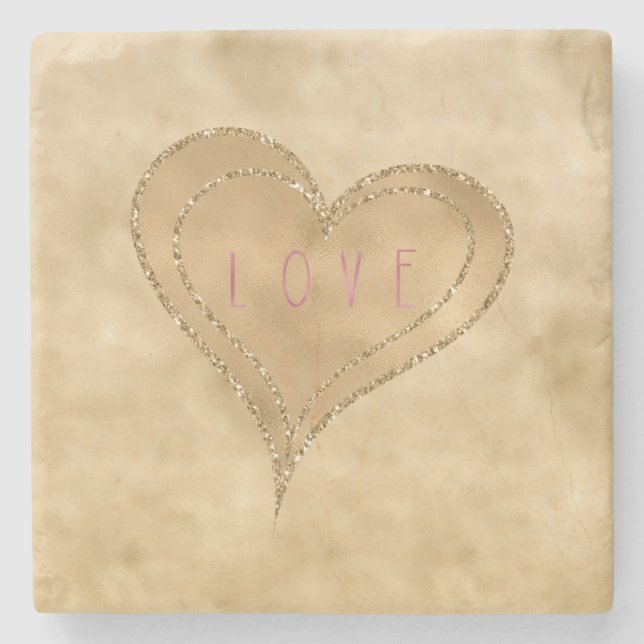 Gold Glitzy Glitter Love Heart Stone Coaster (Front)