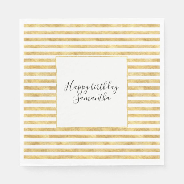 Gold Glitzy Stripes Birthday Napkin (Front)