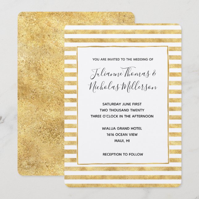 Gold Glitzy Stripes Wedding Invites (Front/Back)
