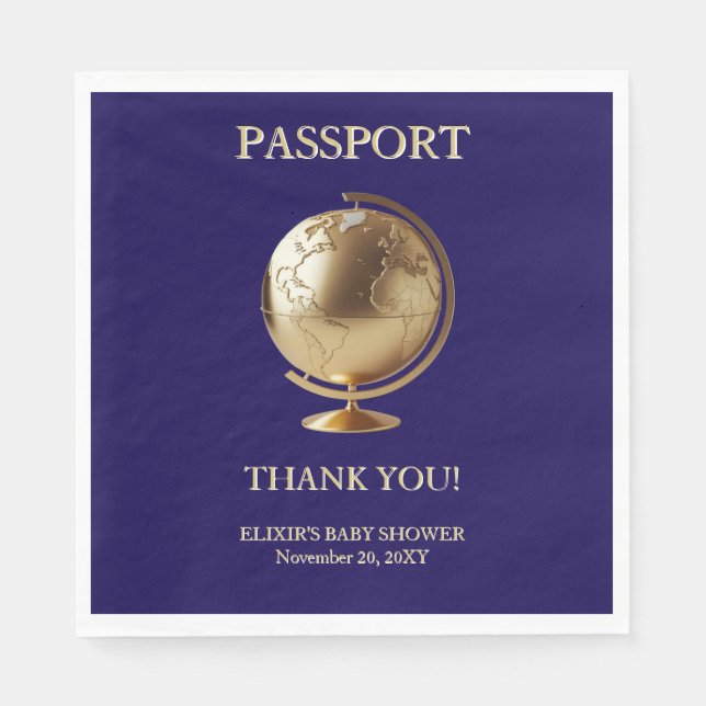 Gold Globe Passport Travel Baby Shower Napkin (Front)