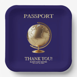 Gold Globe Passport Travel Baby Shower Paper Plate