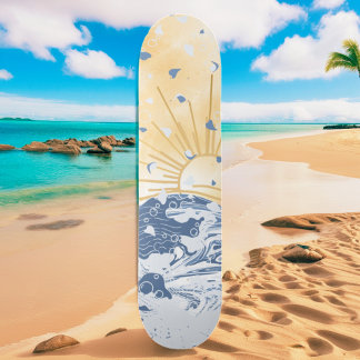 Gold Golden Blue Asiatic Sunset Sun & Sea Waves Skateboard