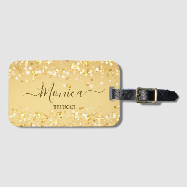 Gold golden sparkles personalised luggage tag (Front Horizontal)