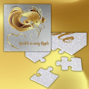 Gold goldfish on silver foil monogram jigsaw puzzle