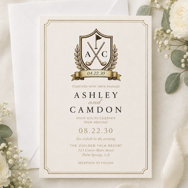 Gold Golf Crest Monogram Wedding Invitation (Creator Uploaded)