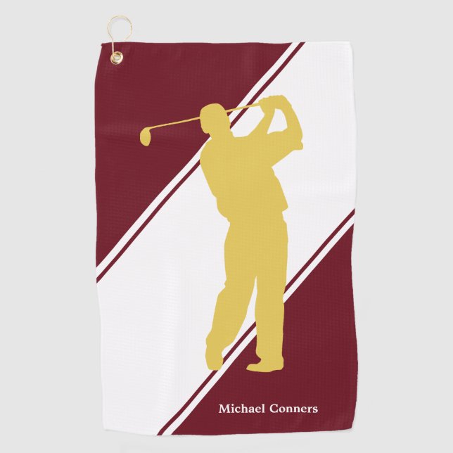 Gold Golfer on Maroon White Golf Towel (Front)