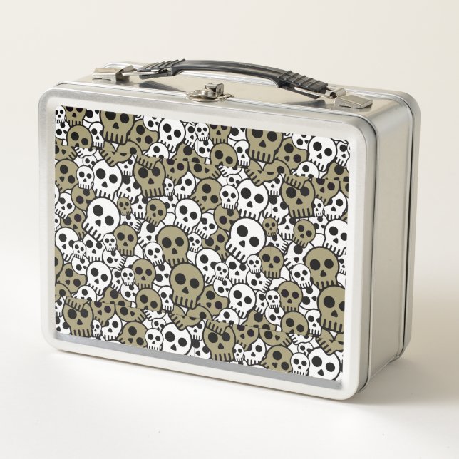 Gold Gothic Skull Pattern Print Metal Lunch Box (Front)