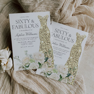 Gold Gown White Flowers Elegant 60th Birthday Invitation