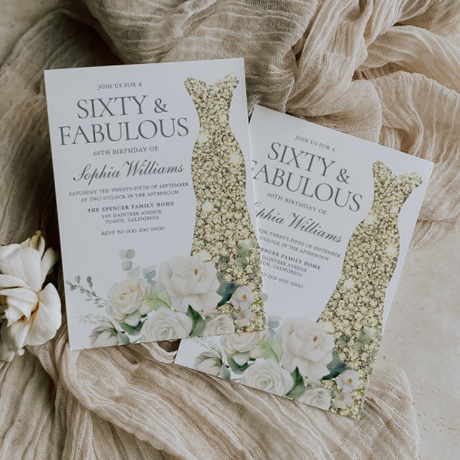 Gold Gown White Flowers Elegant 60th Birthday Invitation (Creator Uploaded)