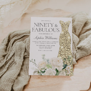 Gold Gown White Flowers Elegant 90th Birthday Invitation