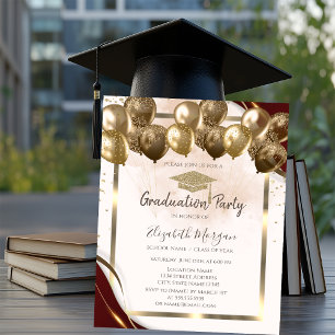 Gold Grad Cap Balloons Burgundy Border Graduation Invitation