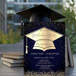 Gold Grad Cap,Diamonds Confetti Blue Graduation Invitation
