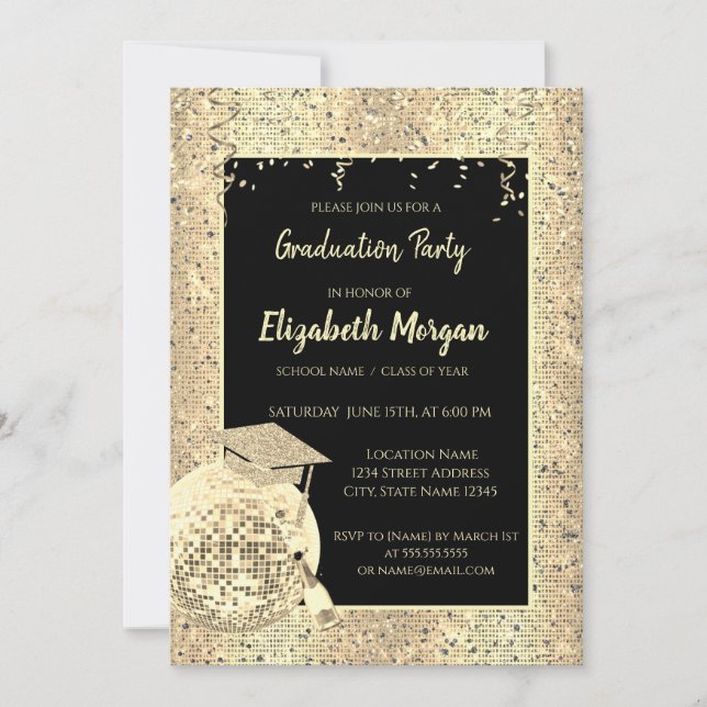 Gold Grad Cap,Disco Ball,Wine Violet Sequins Invitation (Front)