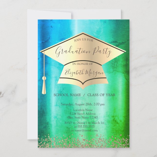 Gold Grad Cap,Gold Diamonds Green Graduation Invitation (Front)