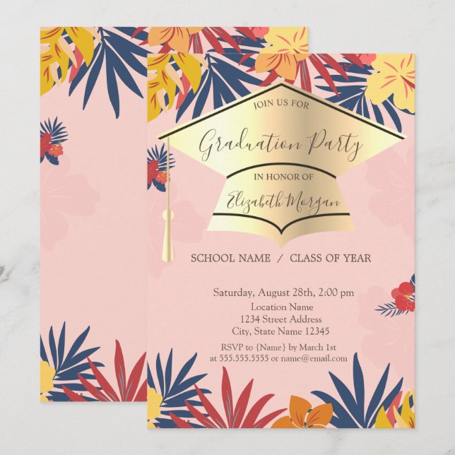 Gold Grad Cap,Palm Leaves Flowers Graduation  Invitation (Front/Back)