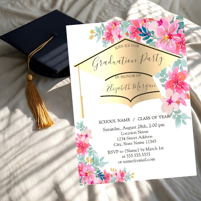 Gold Grad Cap Spring Flowers Graduation  Invitation (Creator Uploaded)