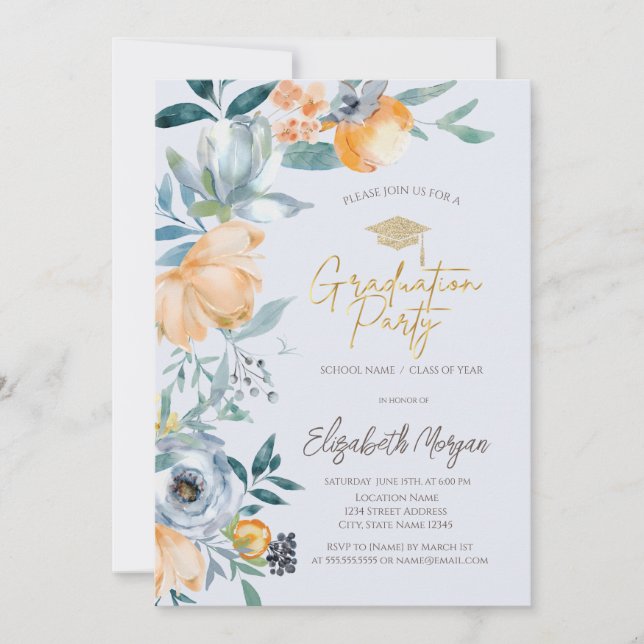 Gold Grad Cap Watercolor Floral Graduation Party Invitation (Front)