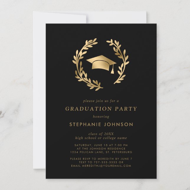 Gold Grad Cap Wreath Chic Black Graduation Party Invitation (Front)