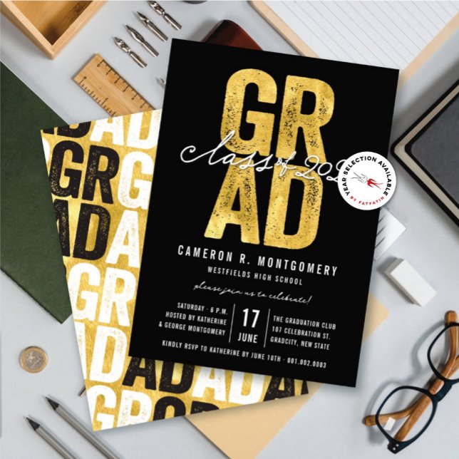 Gold GRAD Class of 2025 Stylish Graduation Party Invitation (Gold & Black Bold GRAD Class of 2025 Stylish Graduation Party Invitation @ zazzle.com/color_therapy)