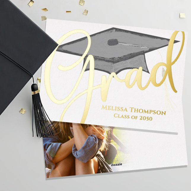 Gold Grad Script Graduation Photo Invitation Elega (Gold Foil Graduation Invitation Announcement)