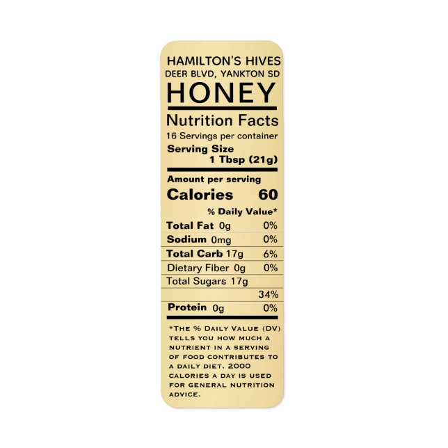 Gold Gradient Honey Nutrition Facts Return Address (Front)