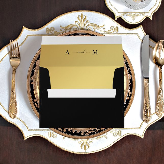 Gold Gradient & Monogram Elegant Black Wedding Envelope (Creator Uploaded)