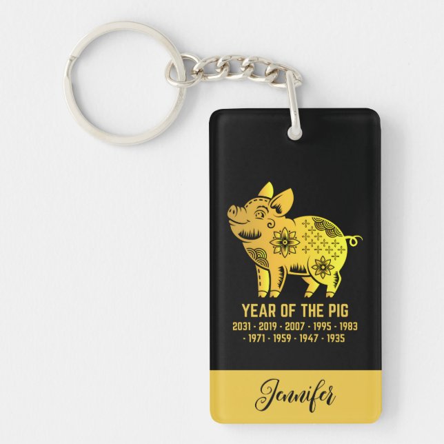 Gold Gradient Year Of The Pig Zodiac Name Black Key Ring (Front)