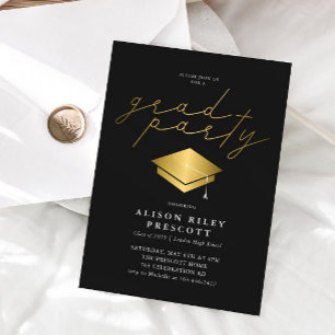 Gold Graduate Cap Black Graduation Party Invitation