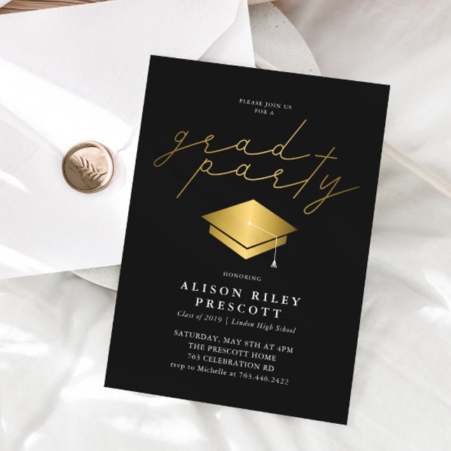 Gold Graduate Cap Black Graduation Party Invitation (Creator Uploaded)
