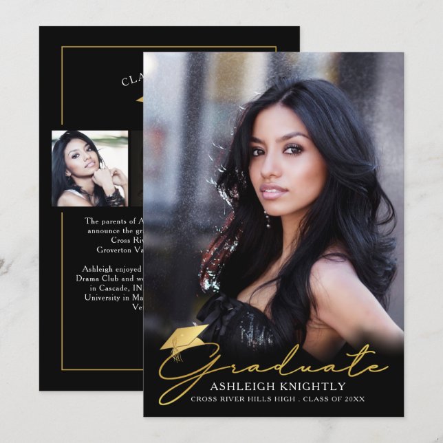 Gold Graduate Handwritten Script Black 4 Photo Announcement (Front/Back)