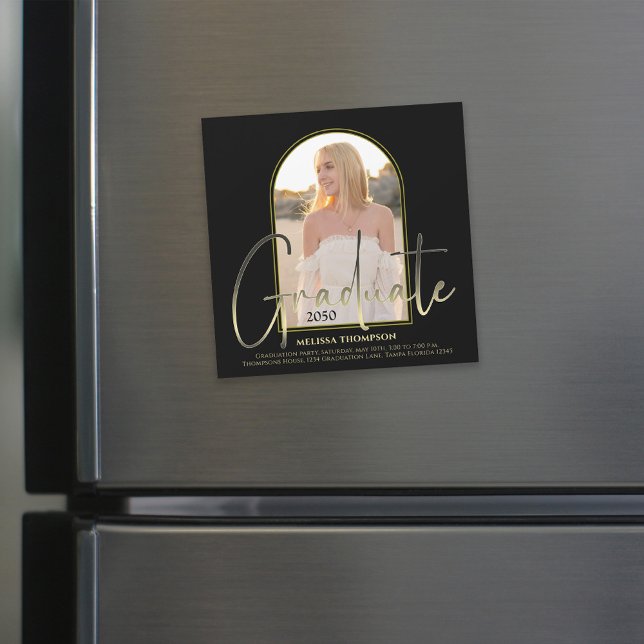 Gold Graduate Script Black Arch Photo Graduation D (Black and gold graduation magnet with elegant script and customizable photo arch. 🎓✨)