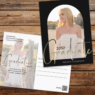 Gold Graduate Script Black Arch Photo Invitation Postcard