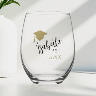 Gold Graduation Cap Calligraphy Personalised Gift Stemless Wine Glass