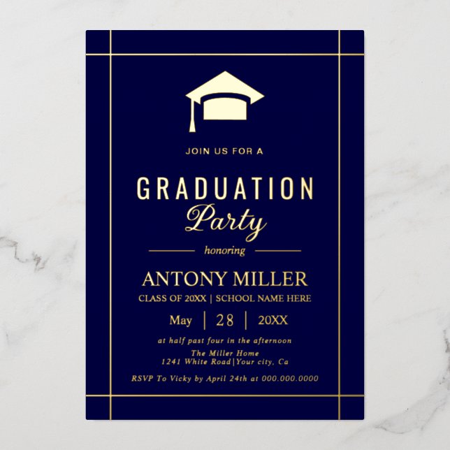 Gold graduation cap Class Of 2026 navy blue (Front)