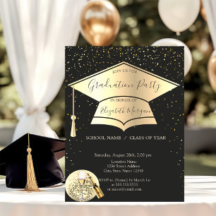 Gold Graduation Cap,Confetti Disco Ball Graduation Invitation